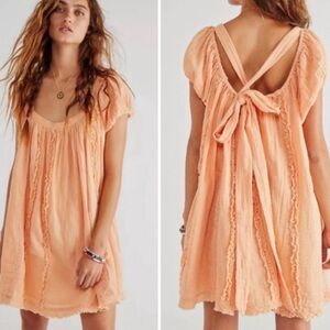 Free People Angele Mini Dress Puff Sleeve Open Tie Back Babydoll Peach